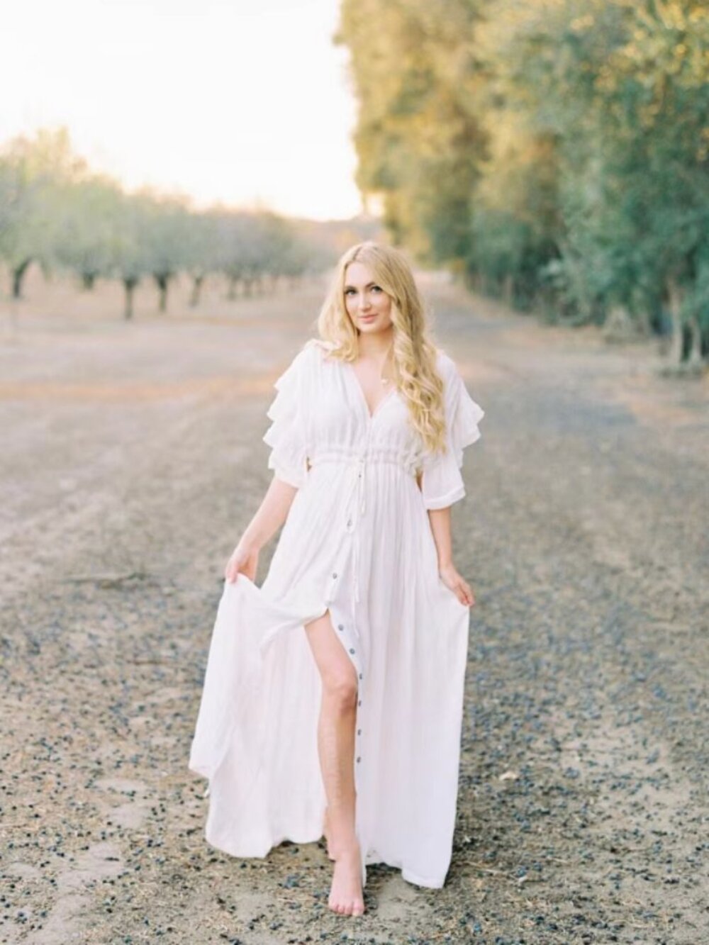 Pocketed Button Down Ruffle Maxi Dress in White
